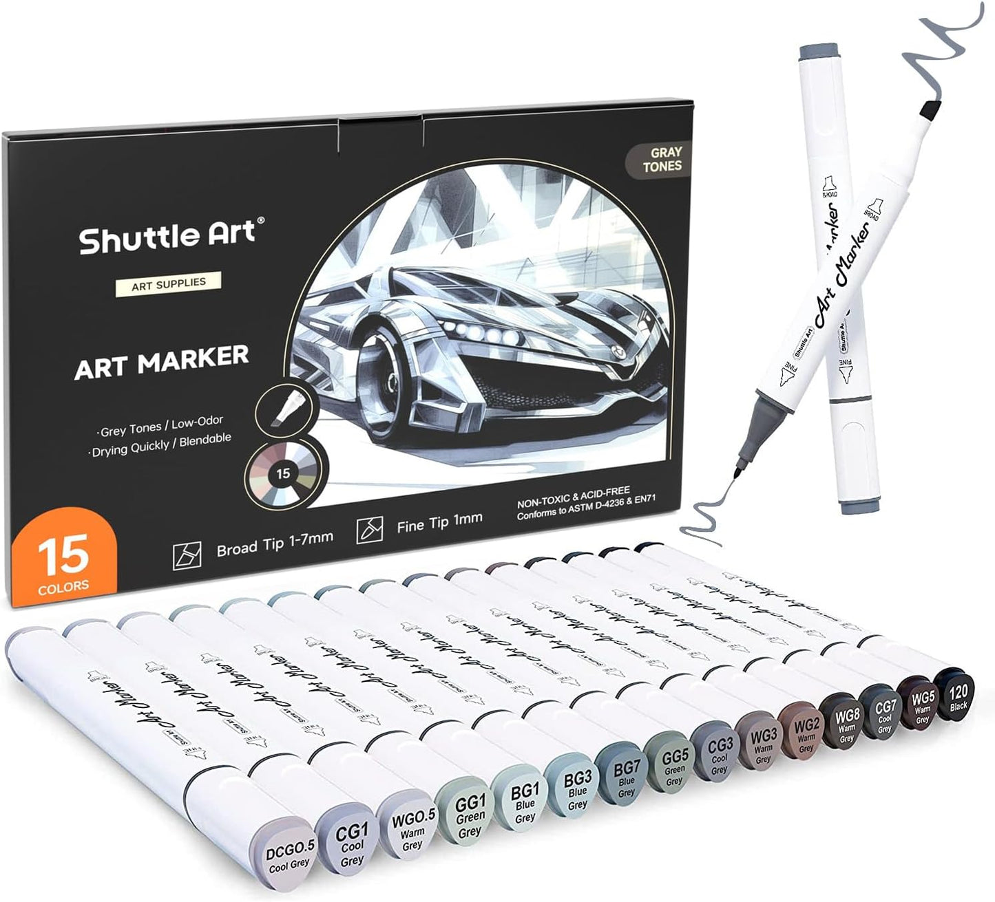 Shuttle Art 15 Colors Grey Tones Dual Tip Art Marker, Alcohol Based Marker Pens Double Ended with Fine and Chisel Point Tips Perfect for Drawing,Shading,Sketching,Designing,Outlining,Illustrating