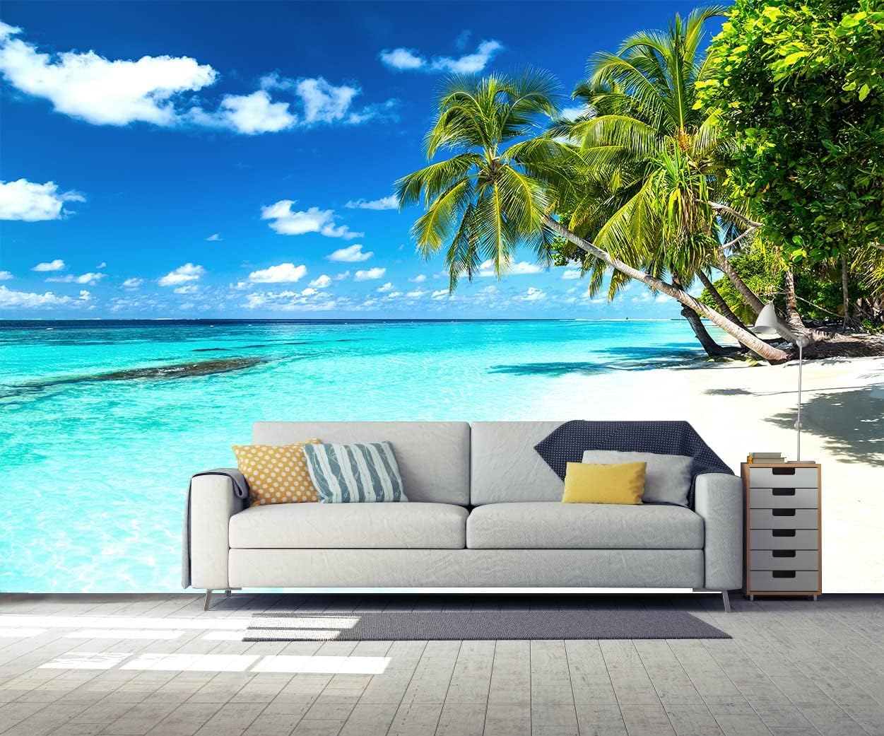 Palm Tree Wall Mural Tropic Paradise Beach Seascape Murals Wallpaper for Walls Bedroom Living Room Bedroom TV Background Kids Room Decoration（Not Peel and Stick）