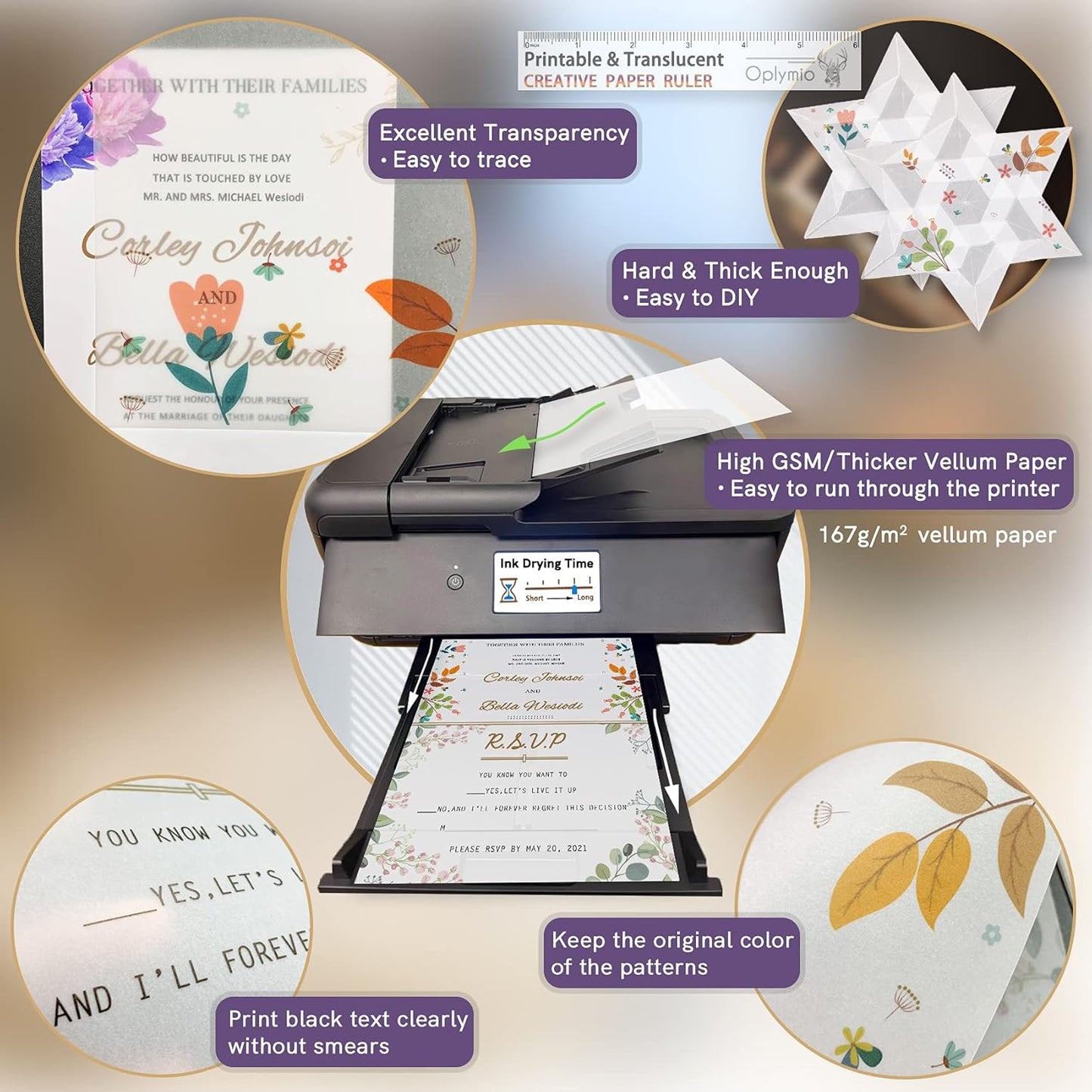 Thick Translucent Vellum Paper, Oplymio 42 Sheets 167GSM Printable Vellum Paper for Invitations, Envelopes, Heat Embossing, Belly Bands(8.5 x 11 Inches)