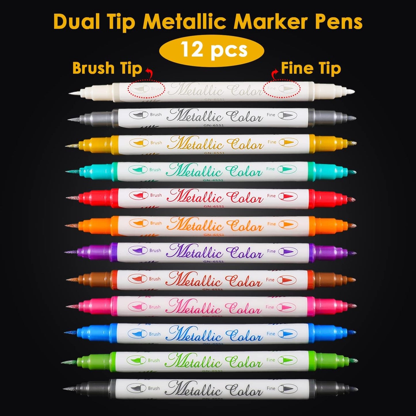 Sunshilor Metallic Markers Dual Tip Metallic Marker Pens Brush and Fine Point Pens for Black Paper, Rock Painting, Easter Egg, Halloween Pumpkin, Card Making, Metal, Ceramic, Wine Glass