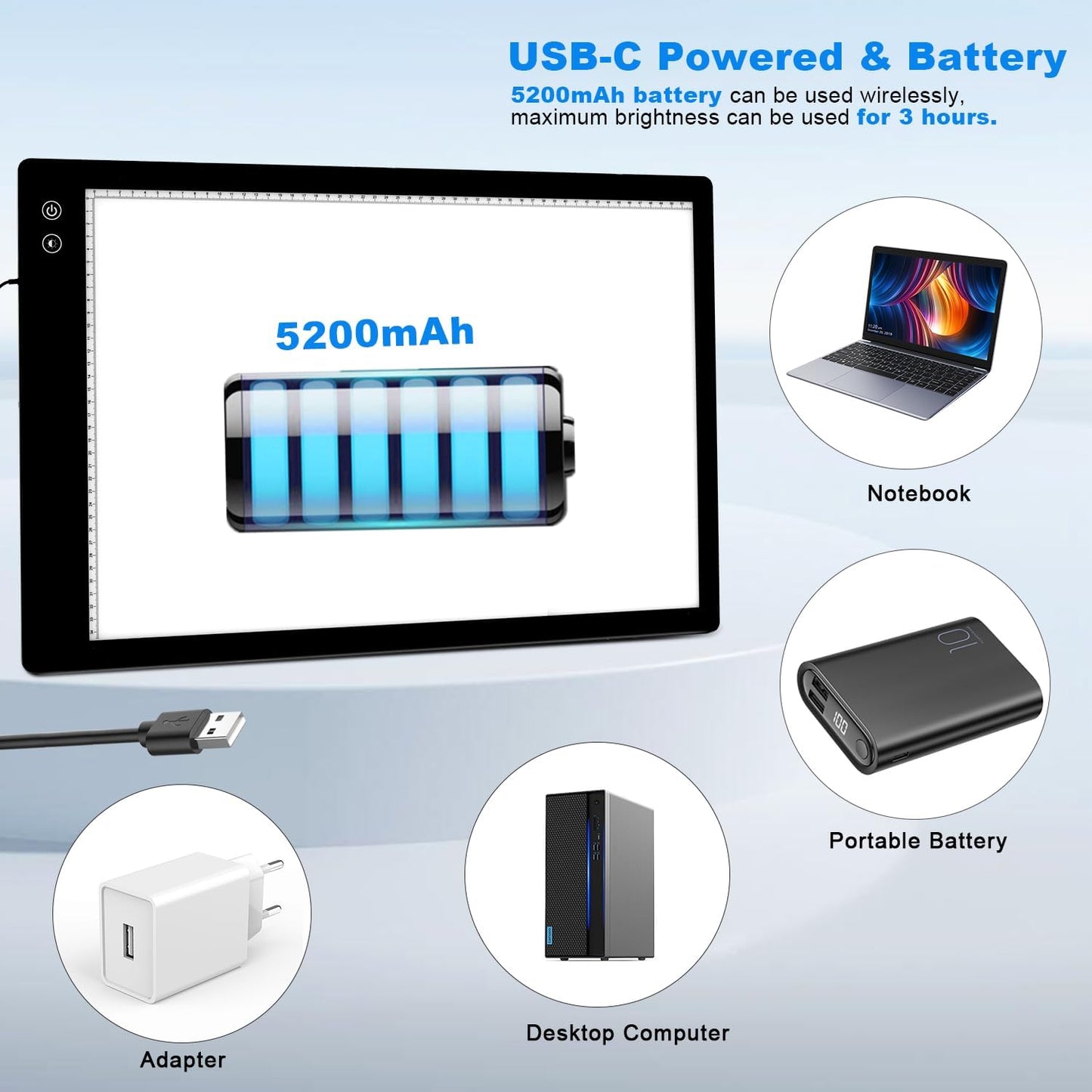 LUXJOYFUL A2 Large Rechargeable Light Box for Tracing,Diamond Painting Light Board 3 Color and stepless dimming,Built-in 5200mAh Battery,Ultra-Thin LED Light Pad for Drawing Vinyl Weeding Animation