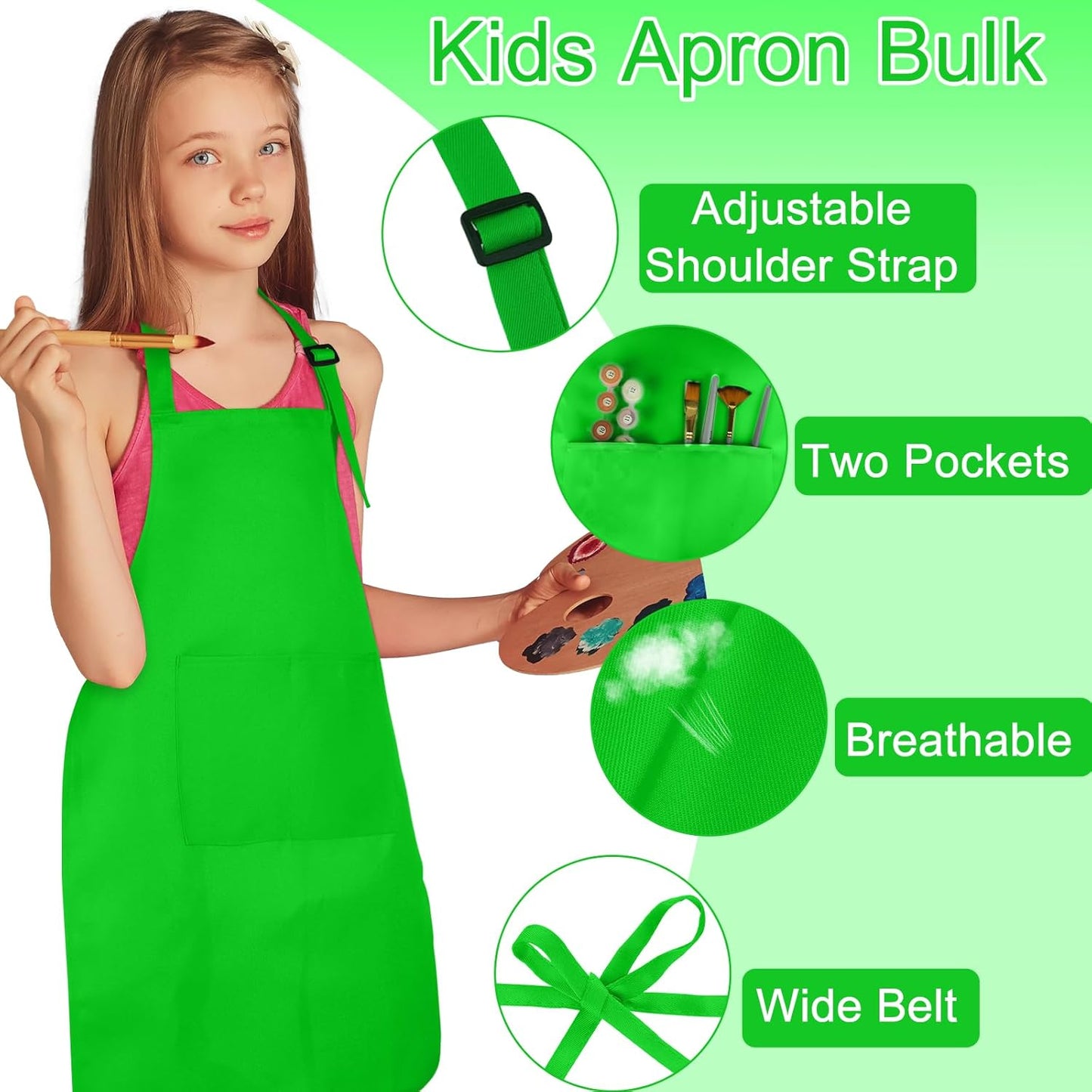 12 Pack Kids Apron Bulk with 2 Pockets Adjustable Chef Art Apron Kids Painting Aprons for Cooking Baking Painting Crafting Grilling Activity（Green）