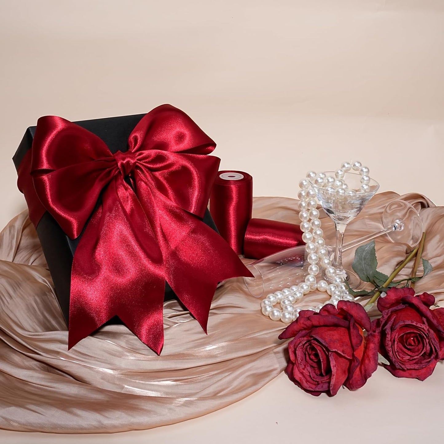 LaRibbons Red Satin Ribbon 4 Inch 10 Yards Christmas Ribbons Double Faced Luxury Burgundy Silk Ribbon for Gift Wrapping Flower Bouquets Bow Christmas Wedding Party Decoration