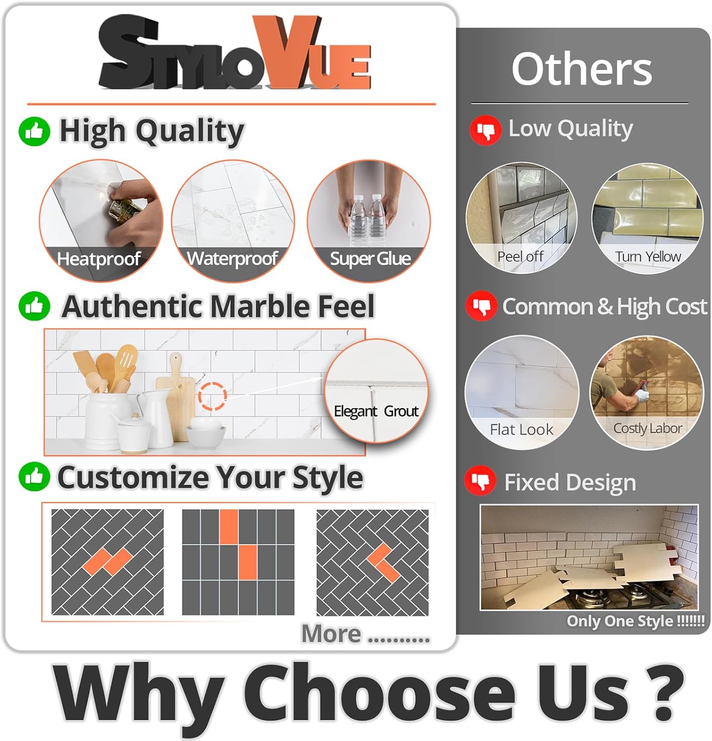 100 Pieces Peel and Stick Backsplash for Kitchen, 3" x 6" PVC Subway Tile 2025 Upgraded Glossy White Marble with White Grout Backsplash Stick on Tile Elevate Kitchen Fireplace RV