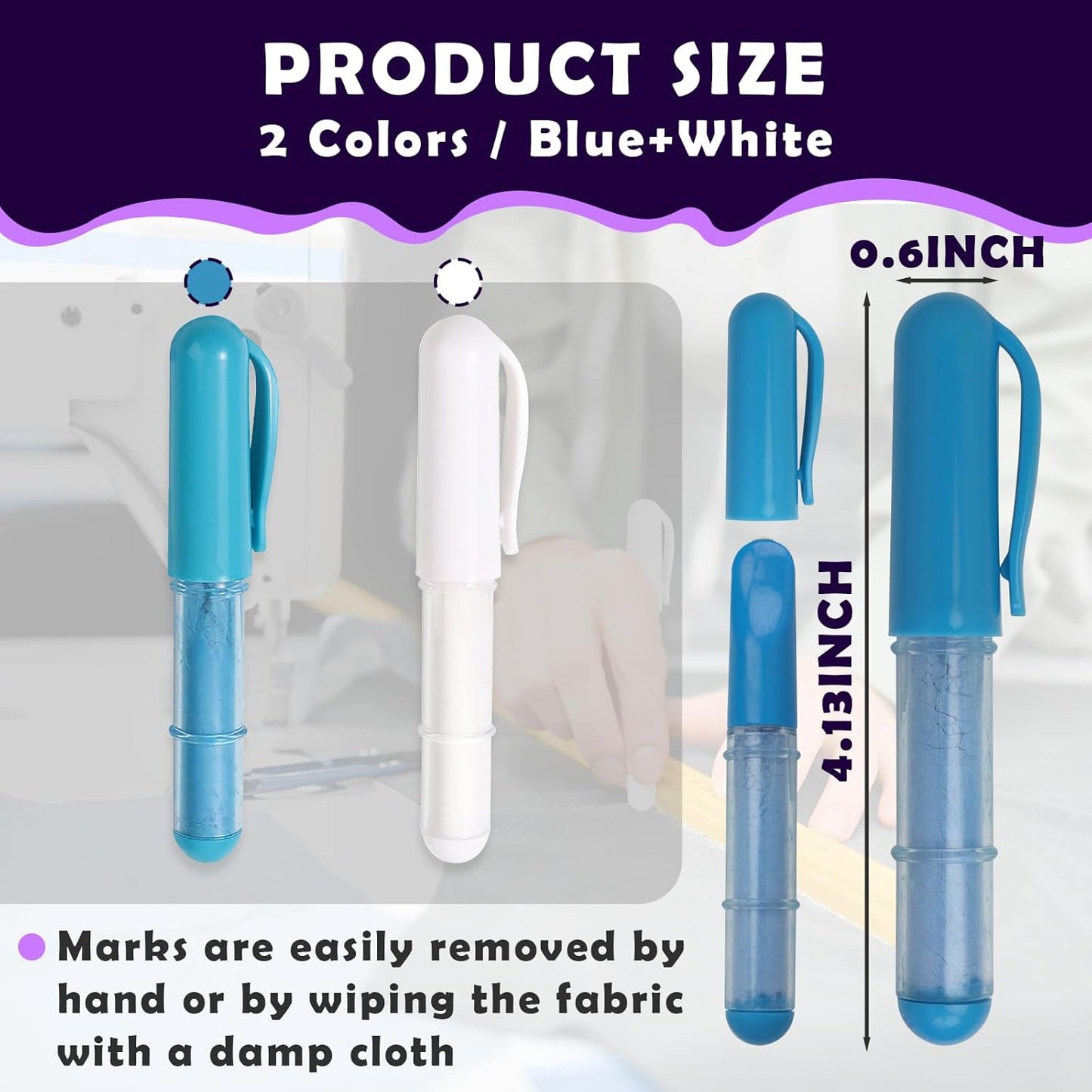 2PCS Sewing Chalk for Fabric, Wipeable and Washable Fabric Chalk for Sewing, Tailors Chalk for Fabric Etailed Marking on Fabrics, Cottons, Leathers - Blue, White