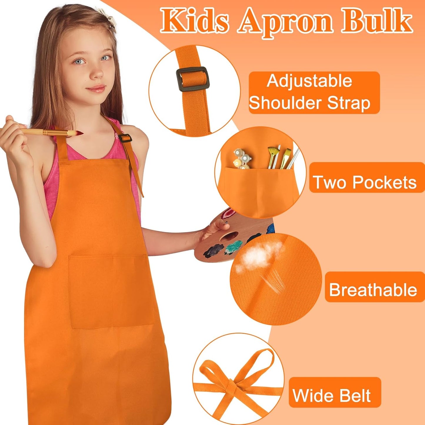 12 Pack Kids Apron bulk with 2 Pockets Adjustable Chef Art Apron Kids Painting Aprons for Cooking Baking Painting Crafting Grilling Activity（12 Color）