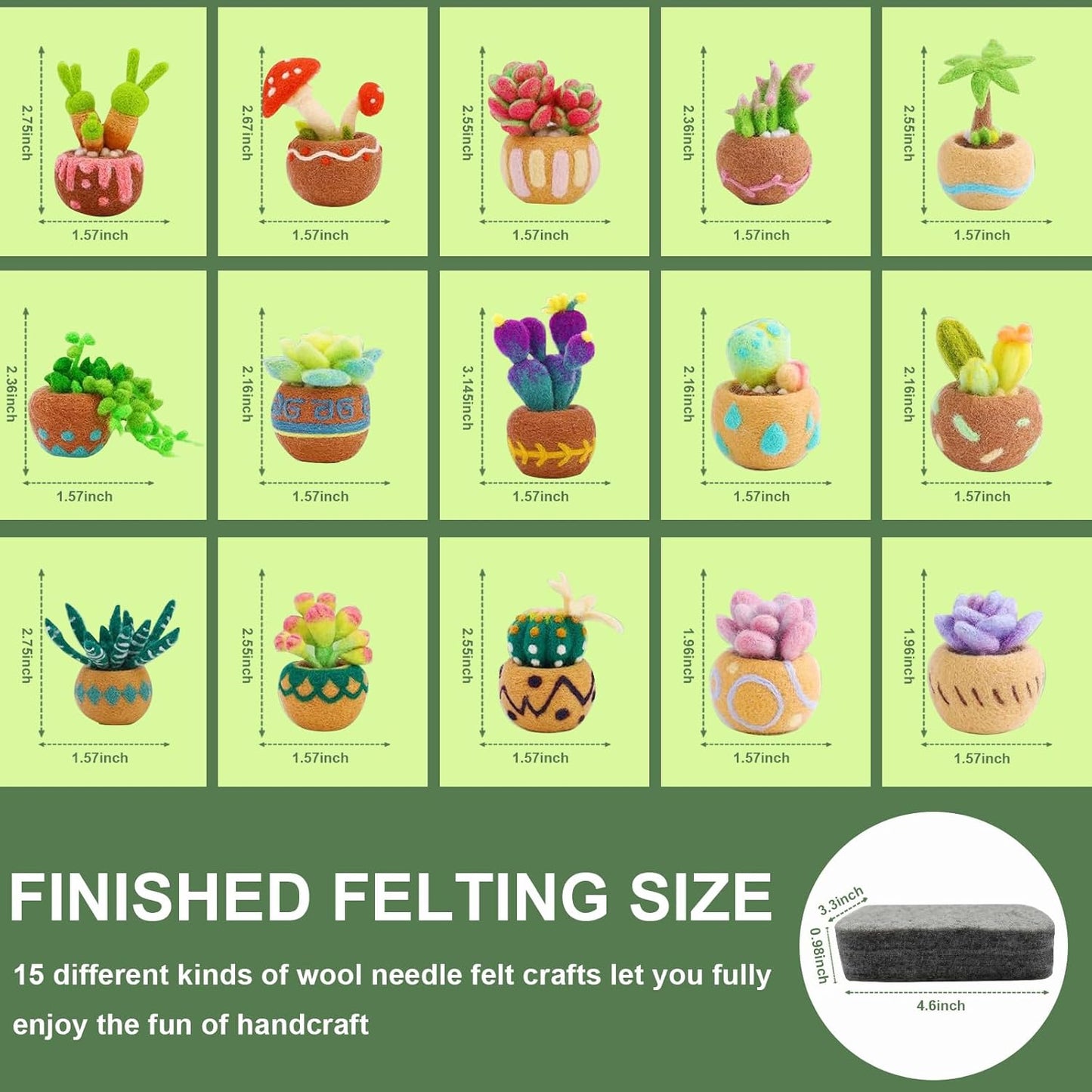Jevuoyee 15pcs Succulent Needle Felting Kit for Beginners Adult - DIY Starter Kit with Wool Roving, Felting Mat, Needles, Instructions for Home Decoration Crafts