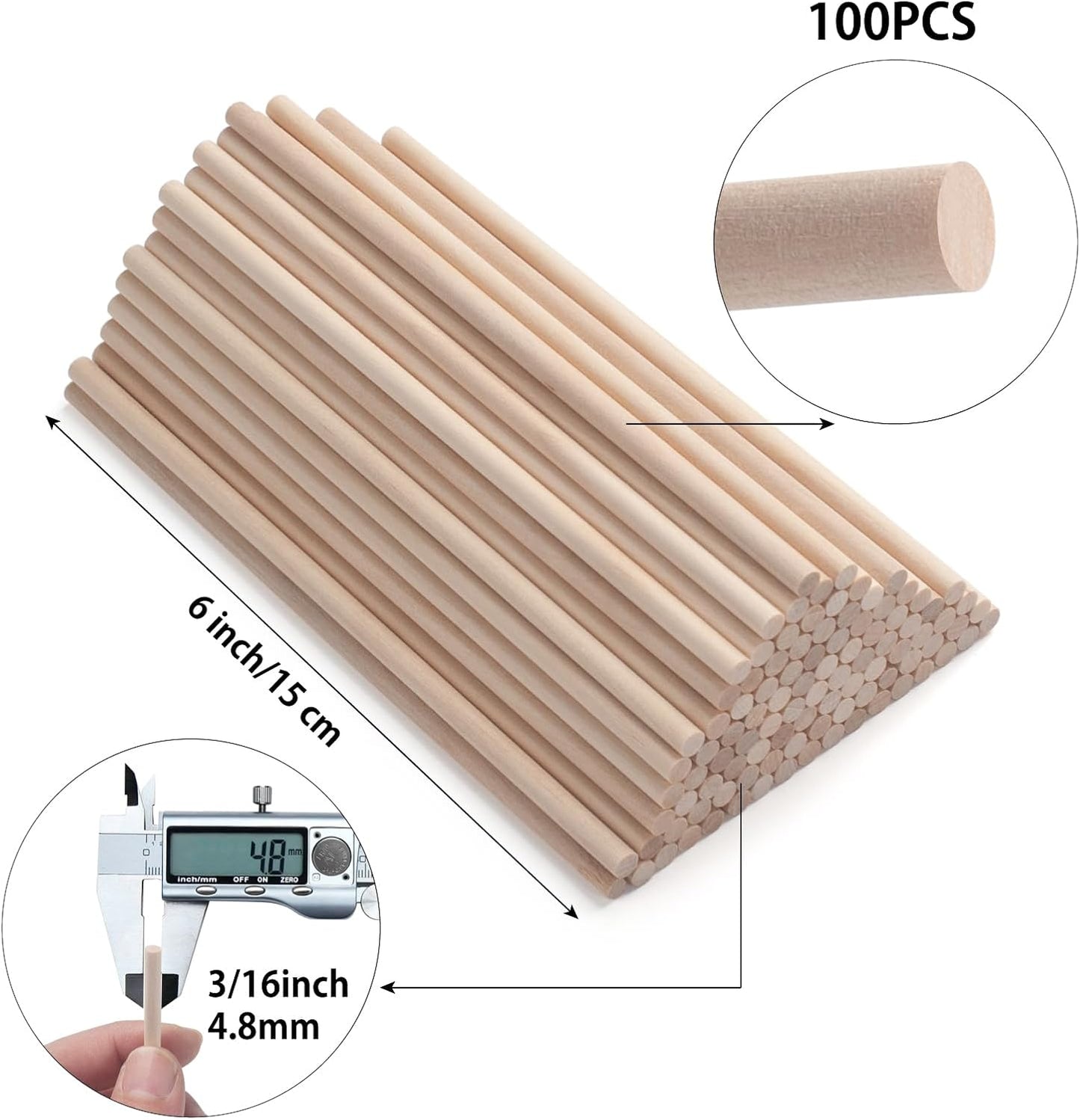 Wooden Dowels Wooden Sticks for Craft 3/16" x 6", 100 PCS Wood Dowel Rods, Wood Sticks for Crafting, Macrame Dowels, Unfinished Round Hardwood Stick for Tiered Cake Support and Wedding Ribbon Wands