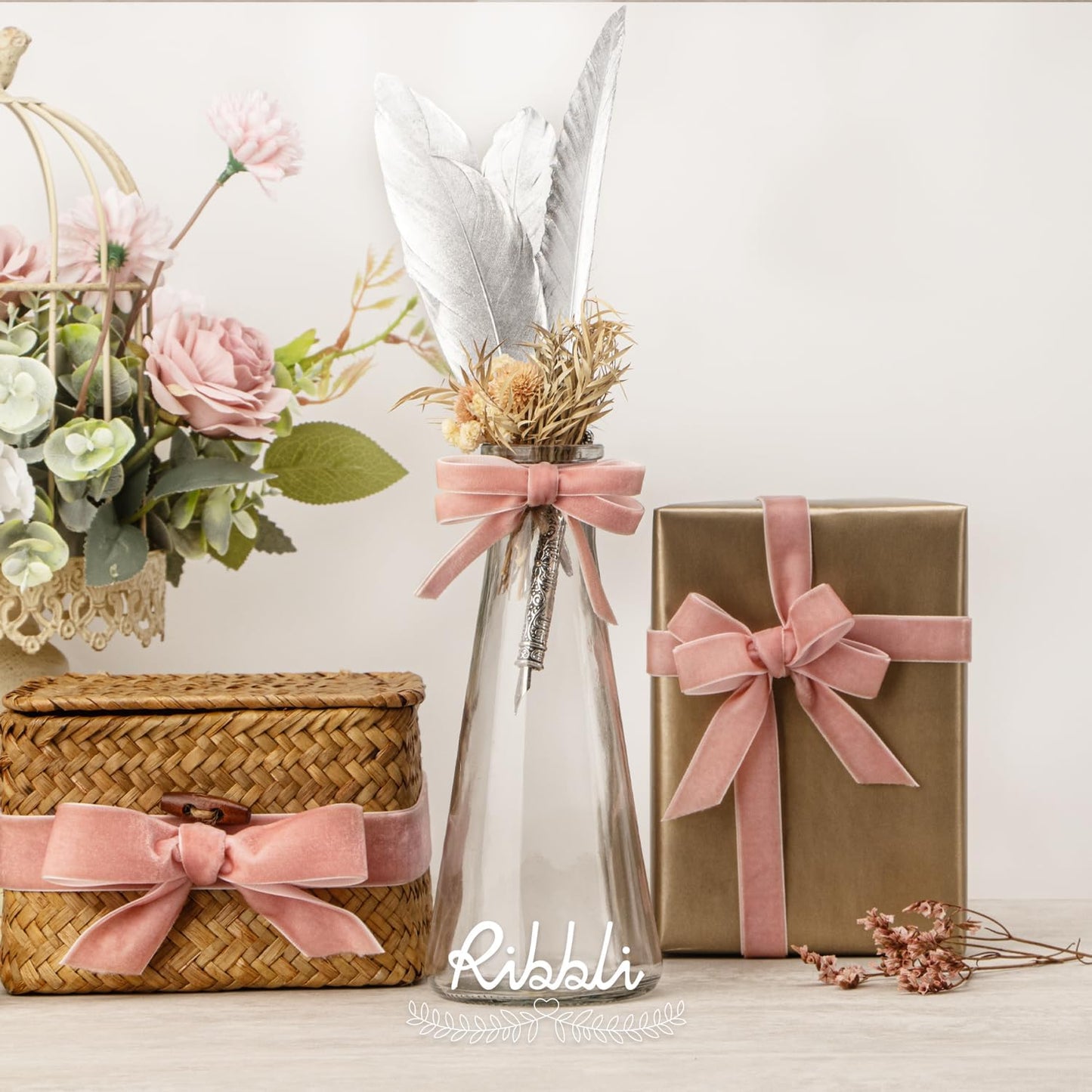 Ribbli Rose Gold Velvet Ribbon 3/8 Inches Continuous10 Yard Spool Dusty Pink Christmas Ribbon for Gift Wrapping Crafts Home Decor