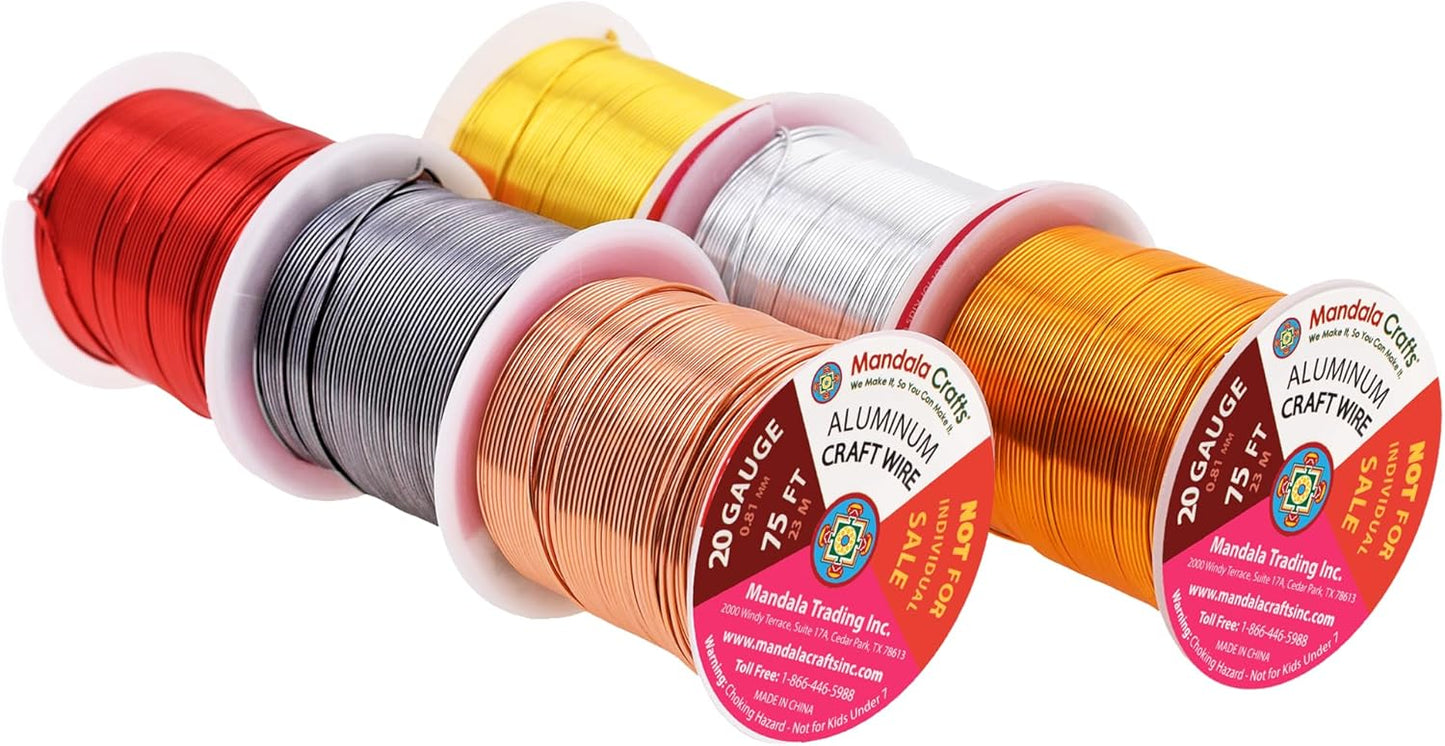 Mandala Crafts 20 Gauge Anodized Aluminum Craft Wire for Jewelry Making - 450 FT Colored Flexible Silver Copper Light Gold Gray Gold Red Wire - Bendable for Bonsai Armature Crafting Sculpting