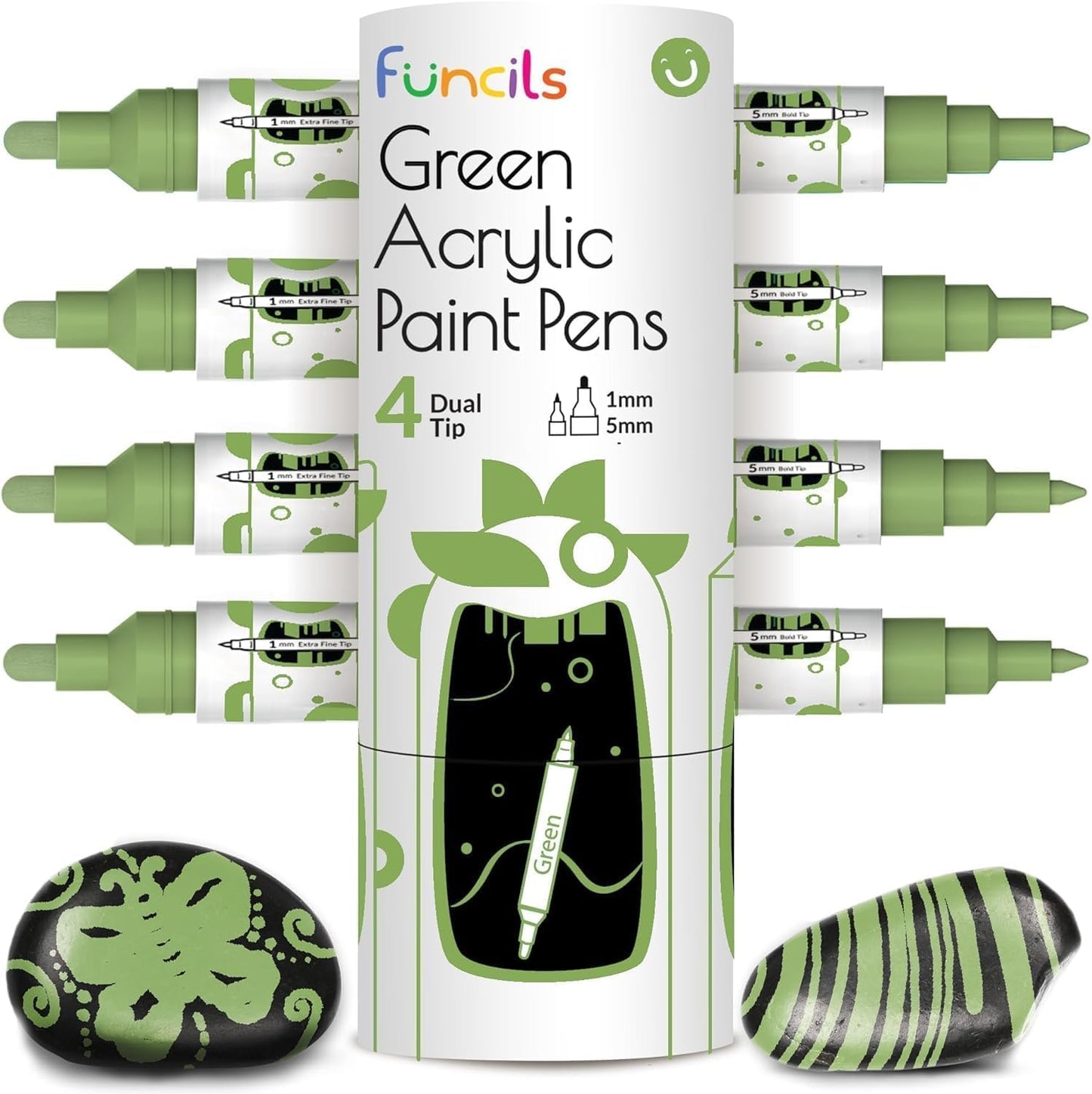 4 Dual Tip Green Paint Pen Metallic - Fine Tip & Medium Acrylic Paint Markers - Green Marker for Metal, Wood, Rock Painting, Canvas, Ceramic, Glass, Fabric, Leaf and Plastic - Water-based Ink
