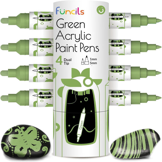 4 Dual Tip Green Paint Pen Metallic - Fine Tip & Medium Acrylic Paint Markers - Green Marker for Metal, Wood, Rock Painting, Canvas, Ceramic, Glass, Fabric, Leaf and Plastic - Water-based Ink