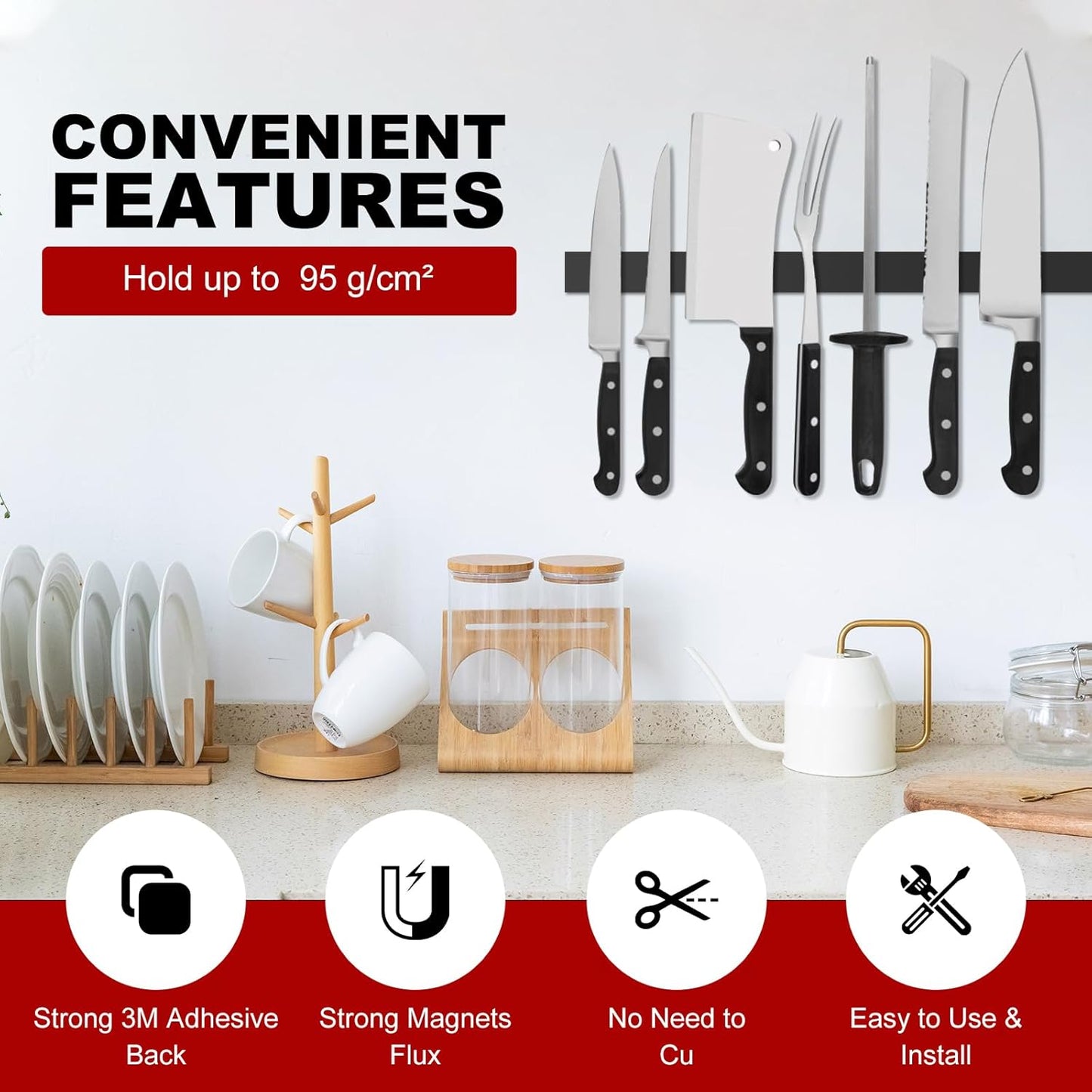 Magnetic Strip, Magnetic Tape Strips with Adhesive Backing (15 Pack, 6" x 1") Sticky Magnet Tape Strips Heavy Duty for Kitchen, Garage - Adhesive Knife Magnetic Tape Tool Holder Strip for Wall