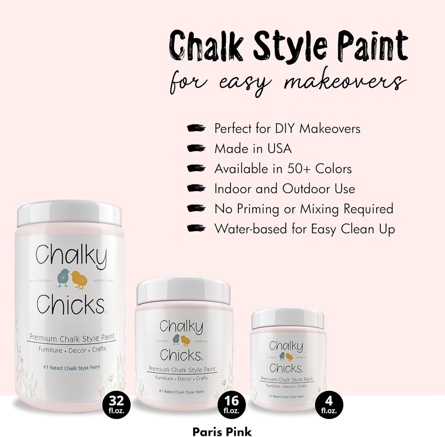 Chalky Chicks All-in-One Chalk Paint for Furniture or Cabinet - 16 Fl Oz - Matte Finish Paris Pink for Metal, Wood Furniture Paint - No Sanding All-in-One for Home Decor & Crafts, USA Made