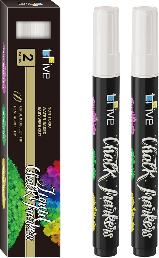 TFIVE White Liquid Chalk Markers - 2 Pack Bright Colors Erasable Chalk Marker Pens, Reversible Tip, Non-Toxic, for Chalkboards, Signs, Glass, Easy to use Chalk markers TF800