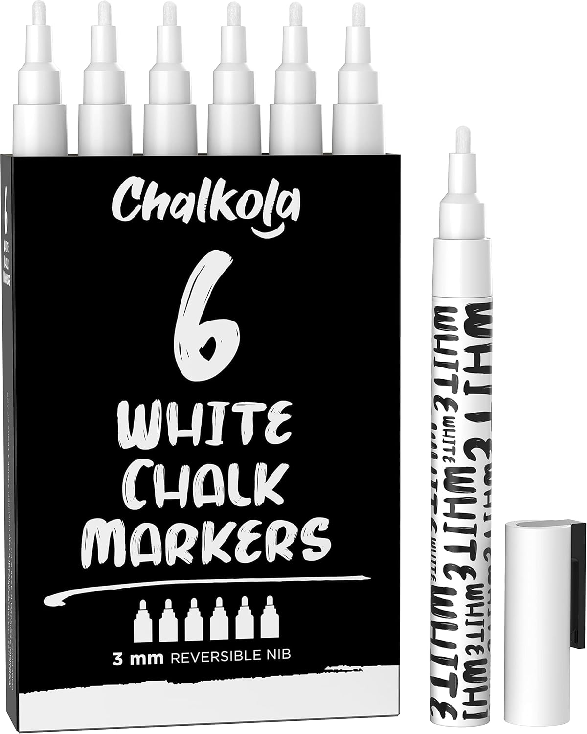 Chalkola White Chalk Markers - White Dry Erase Liquid Chalk Pens for Chalkboard, Blackboard, Window, Bistro, Car Glass, Board, Signs - 3mm Reversible Bullet & Chisel Point