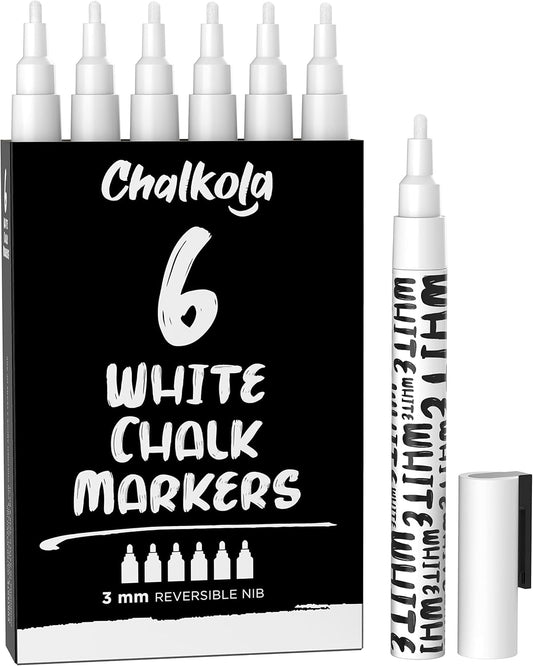 Chalkola White Chalk Markers - White Dry Erase Liquid Chalk Pens for Chalkboard, Blackboard, Window, Bistro, Car Glass, Board, Signs - 3mm Reversible Bullet & Chisel Point