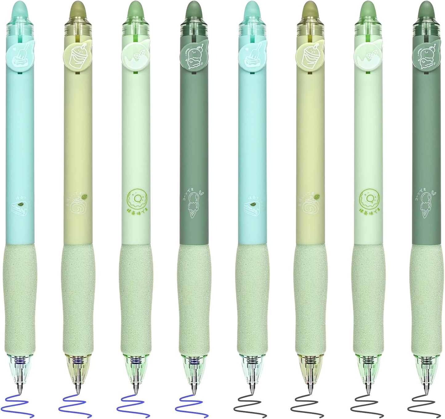 BAYTORY 8Pcs Cute Retractable Erasable Gel Pens, Blue and Black Ink Pen with Eraser Clear, Smooth Writing Comfortable to Use for Note Taking Marking Planner Crossword Puzzles (Green)