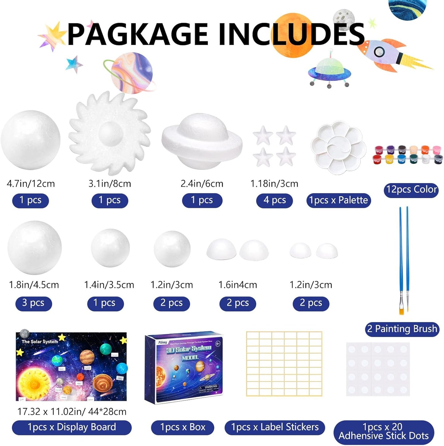 Pllieay Solar System Model Kit, 3D Solar System Kit with Display Board, 17 Foam Balls, 12 Color Pigments, Brushes, Palette, DIY Planets Model Toy for Kids School Science Projects