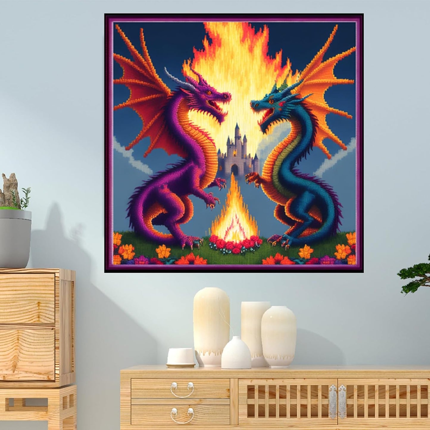 Dimensean Stamped Cross Stitch Kits Full Range of Embroidery Patterns Starter Kits for Beginners Adult or Kids DIY Cross Stitches Needlepoint Kits 11CT-Coloured Dragon and Castle 17.7x17.7 inch