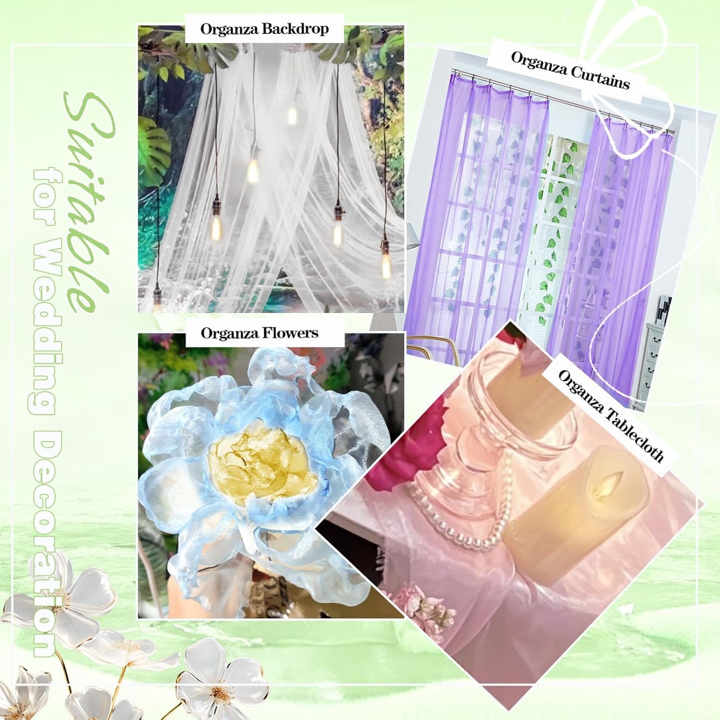 VACVELT Sheer Organza Fabric by The Yard, 60 Inch Wide White Organza Fabric Bolt Bridal Sheer Tulle Fabric, Silk Organza Fabric Roll for Wedding Party Decorations Backdrop Curtain (2 Yards)