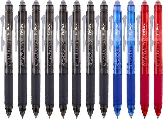 ParKoo Retractable Erasable Gel Pens Clicker Fine Point 0.7 mm, No Need for White Out, 8 Black/2 Blue/2 Red Ink for Completing Sudoku and Crossword Puzzles, 12-Pack