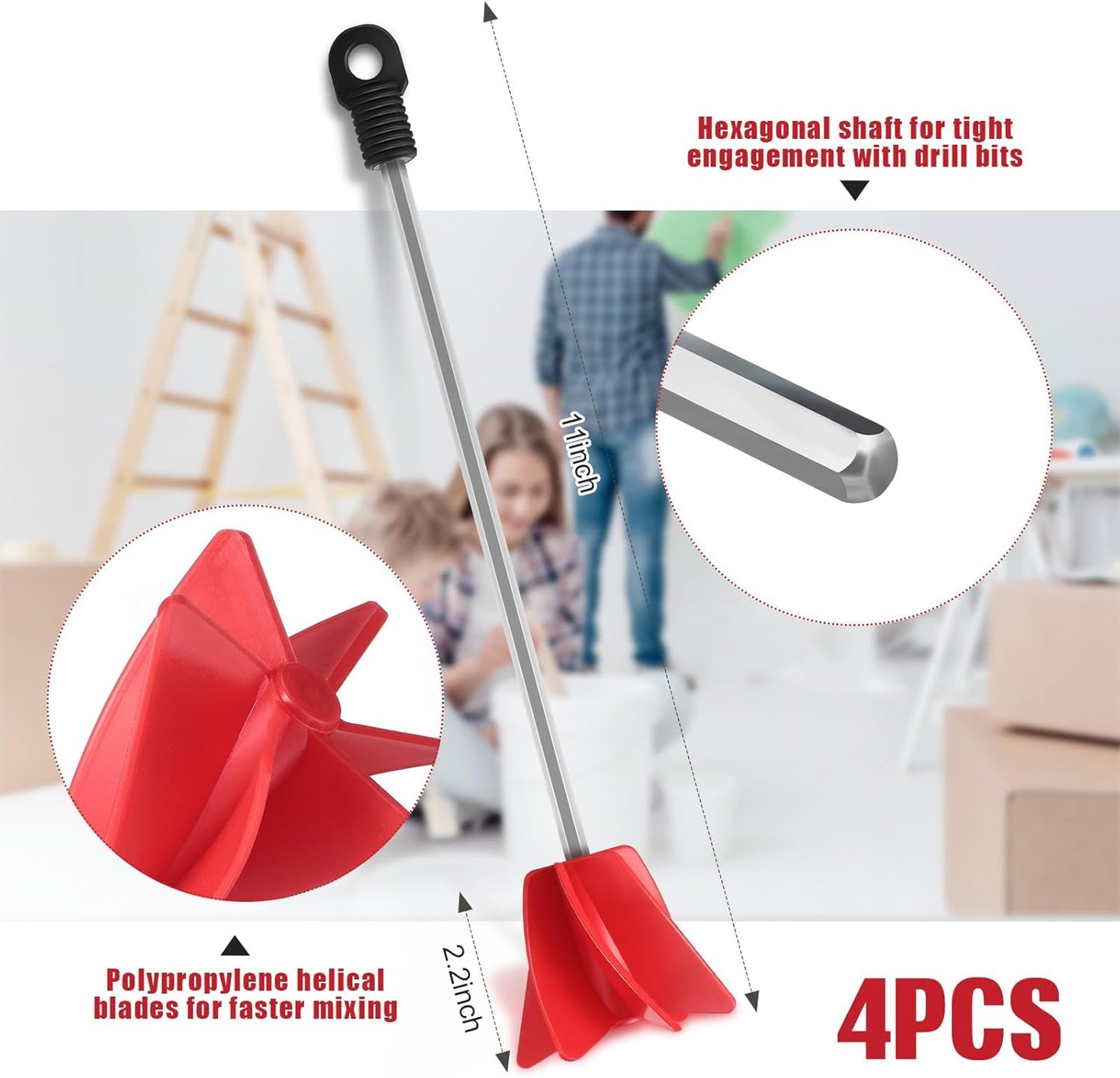 Loosh 4 Pcs 11 Inch Paint Stirrer for Drill, Paint Mixer Attachment, Helix Epoxy Mixer for Concrete Resin Silicone Stirrer Paddle Works with Most Drills