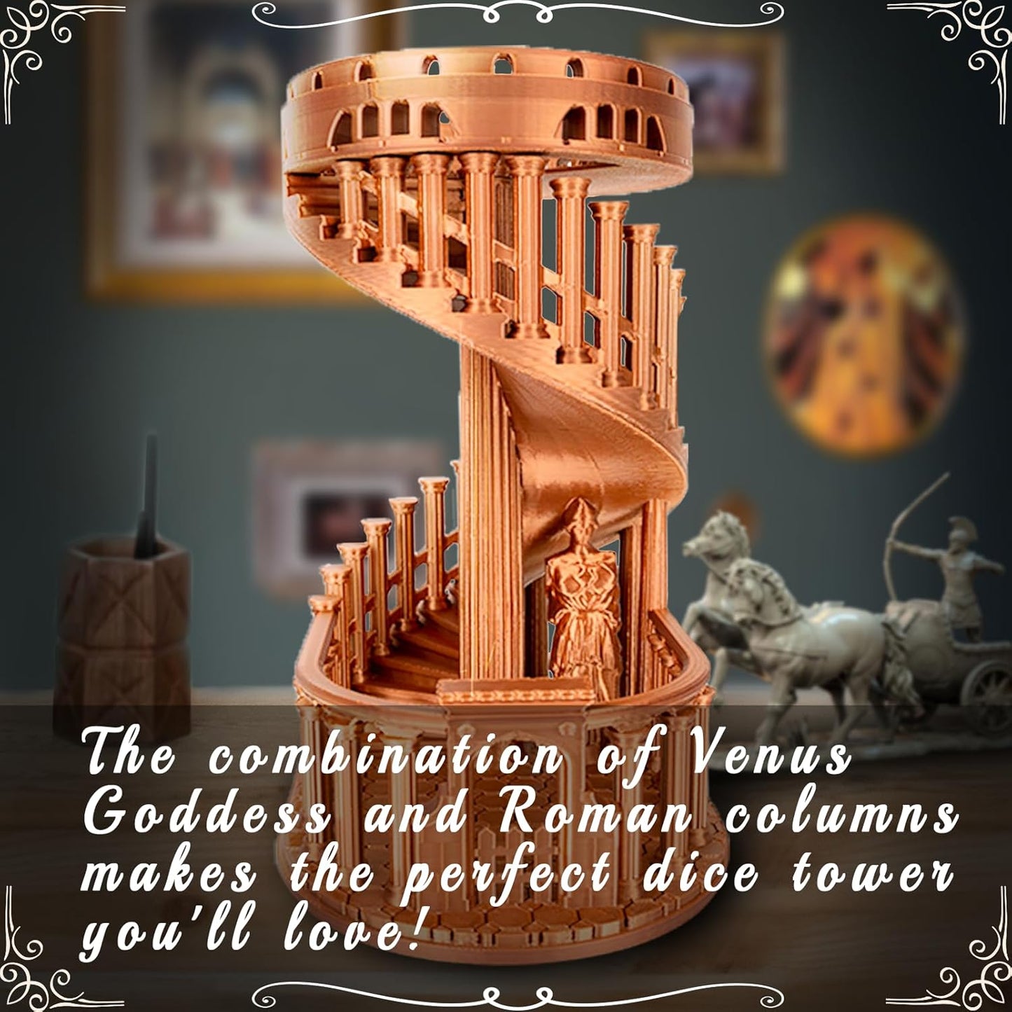 DND Dice Tower with Tray for Role Playing Game,Dungeons and Dragons,D&D,TRPG,7PCS Dice Included,Perfect Ancient Roman Castle Theme Dice Rolling Tower (Red Copper Color)