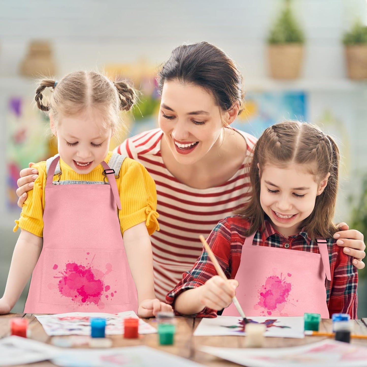 12 Pack Kids Apron Bulk with 2 Pockets Adjustable Chef Art Apron Kids Painting Aprons for Cooking Baking Painting Crafting Grilling Activity（Pink）