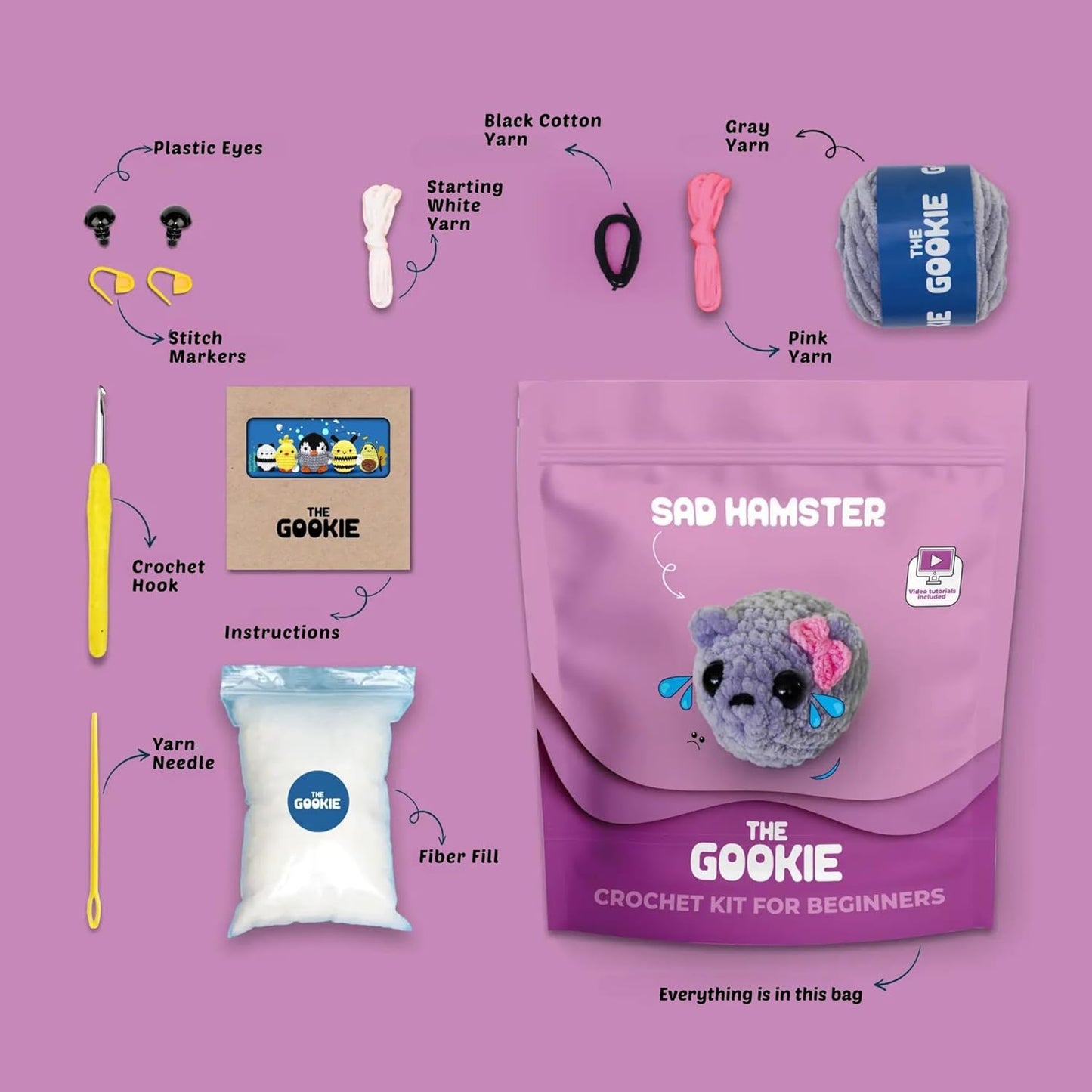 The Gookie Amigurumi Crochet Kit for Beginners – DIY Crochet Kit with Yarn, Hook, Eyes & Stuffing – Easy Starter Set with Video Tutorials – Cute Plush Toy Craft Gift for Kids, Teens & Adults (Hamster)