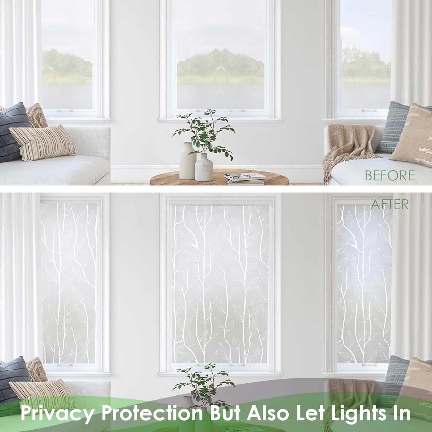 DKTIE Nordic Leaves Window Privacy Film Decorative Stained Glass Sun Blocking Heat Control with Free Installation Tools, Privacy Window Film Day and Night (White, 17.7'' x 78.7'')