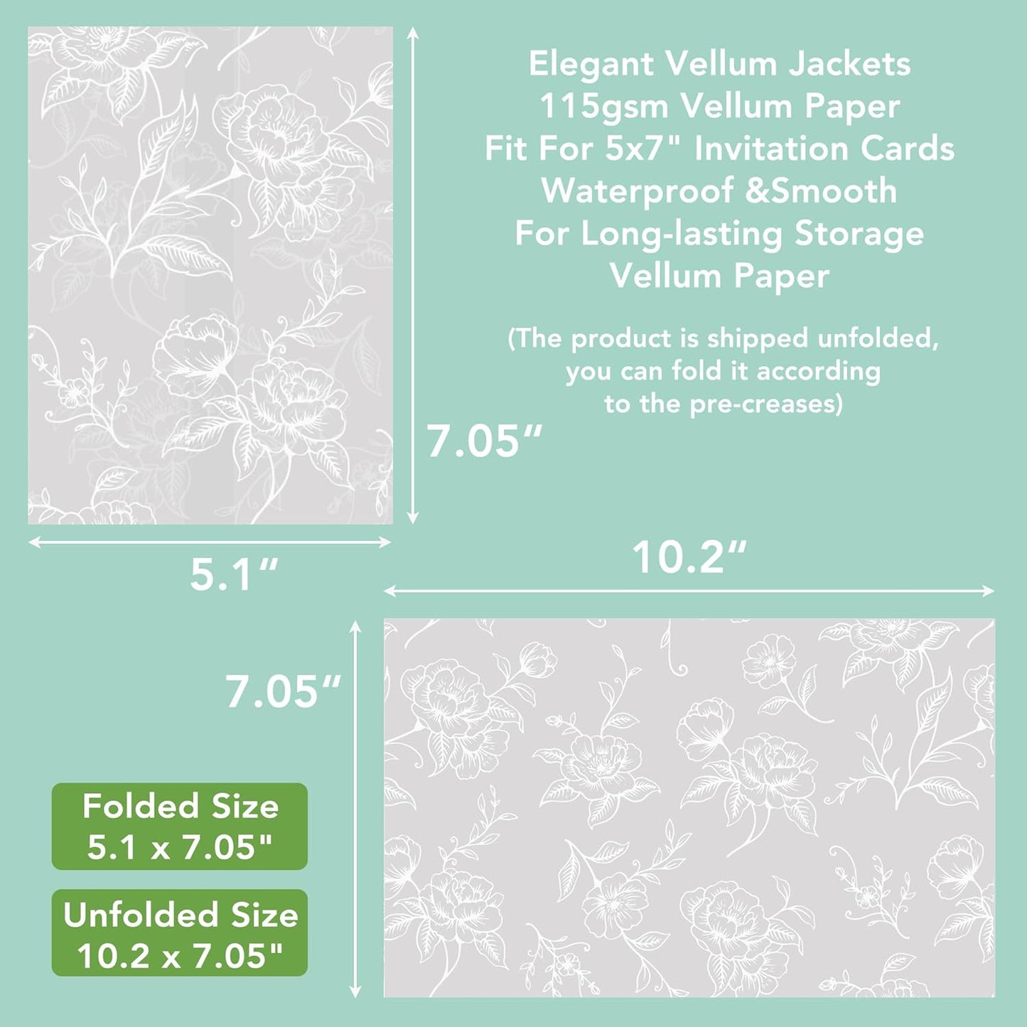 SWANGSA 50 Pack Vellum Jackets for 5x7 Invitations, Elegant White Rose Vellum Paper, 115GSM Translucent Invitation Sleeve Wraps for Wedding Bridal Baby Shower Birthday Envelopes