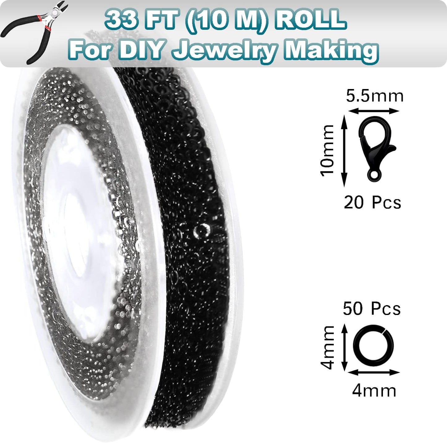 Jishi 33ft Link Cable Chain Roll 2mm, Black Chain for Jewelry Making Necklace Earring Bracelet DIY Craft Jewelry Making Findings Supplies, Black Plated Iron Metal Rolo Necklace Chain Spool Set