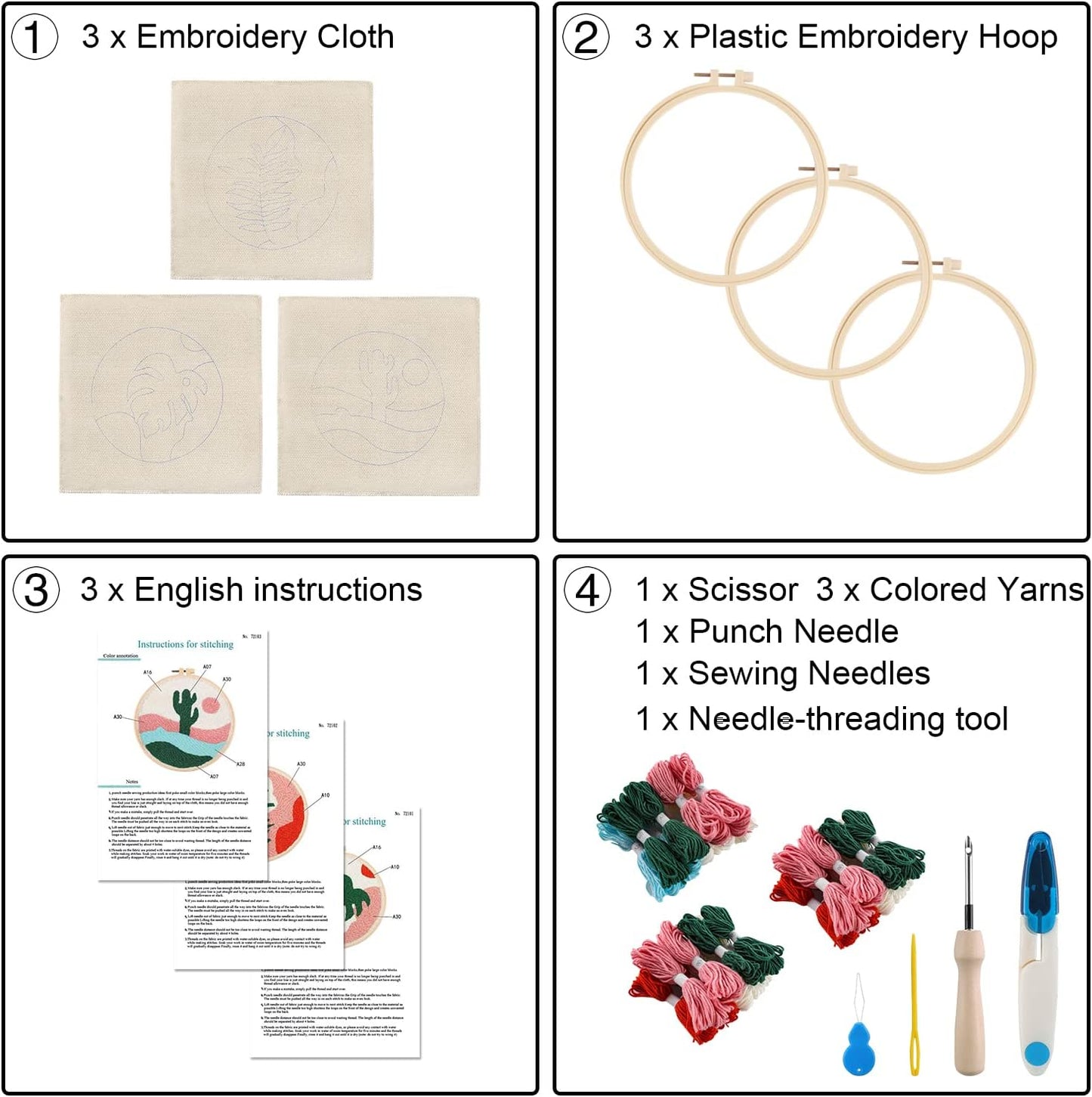 Anidaroel 3 Sets Punch Needle Kits - Beginner Adults Kit with Fabric, Hoops, Yarns and Sewing Needles