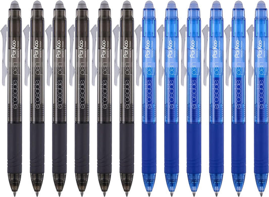 ParKoo Retractable Erasable Gel Pens Clicker Fine Point 0.7 mm, No Need for White Out, 6 Black/6 Blue Ink for Completing Sudoku and Crossword Puzzles
