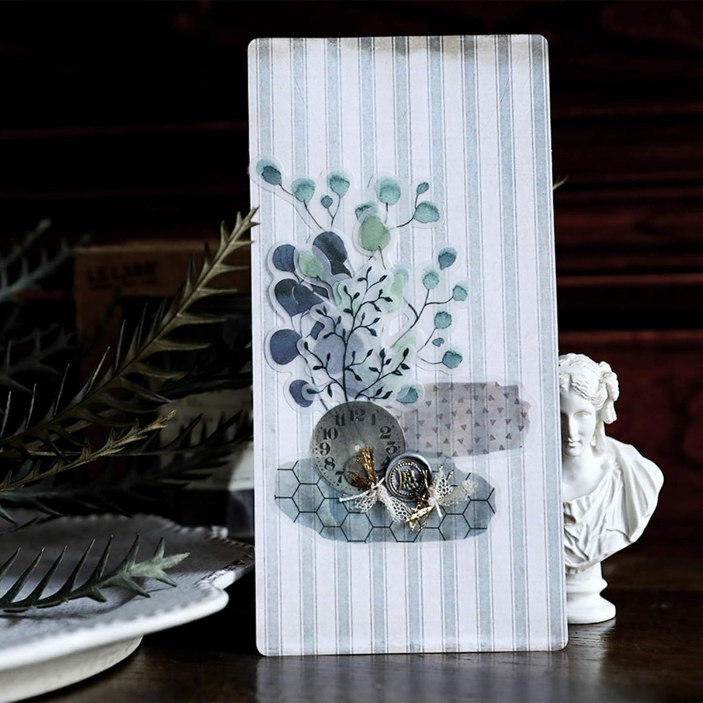 Vintage Vellum Stickers Floral Plants Elements Scrapbooking Supplies Flowers Botanic Natural Translucent Paper Self-Adhesive Junk-Journal Items (Eucalyptus)