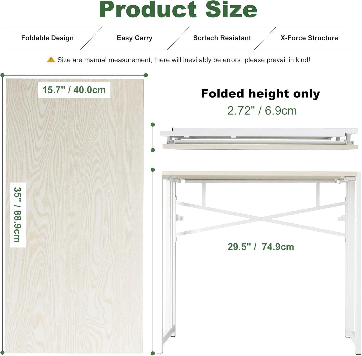35 inch Small Folding Desk, Writing Gaming Computer Camping Desk for Small Spaces, No Assembly Required Home Office Table, Natural and White