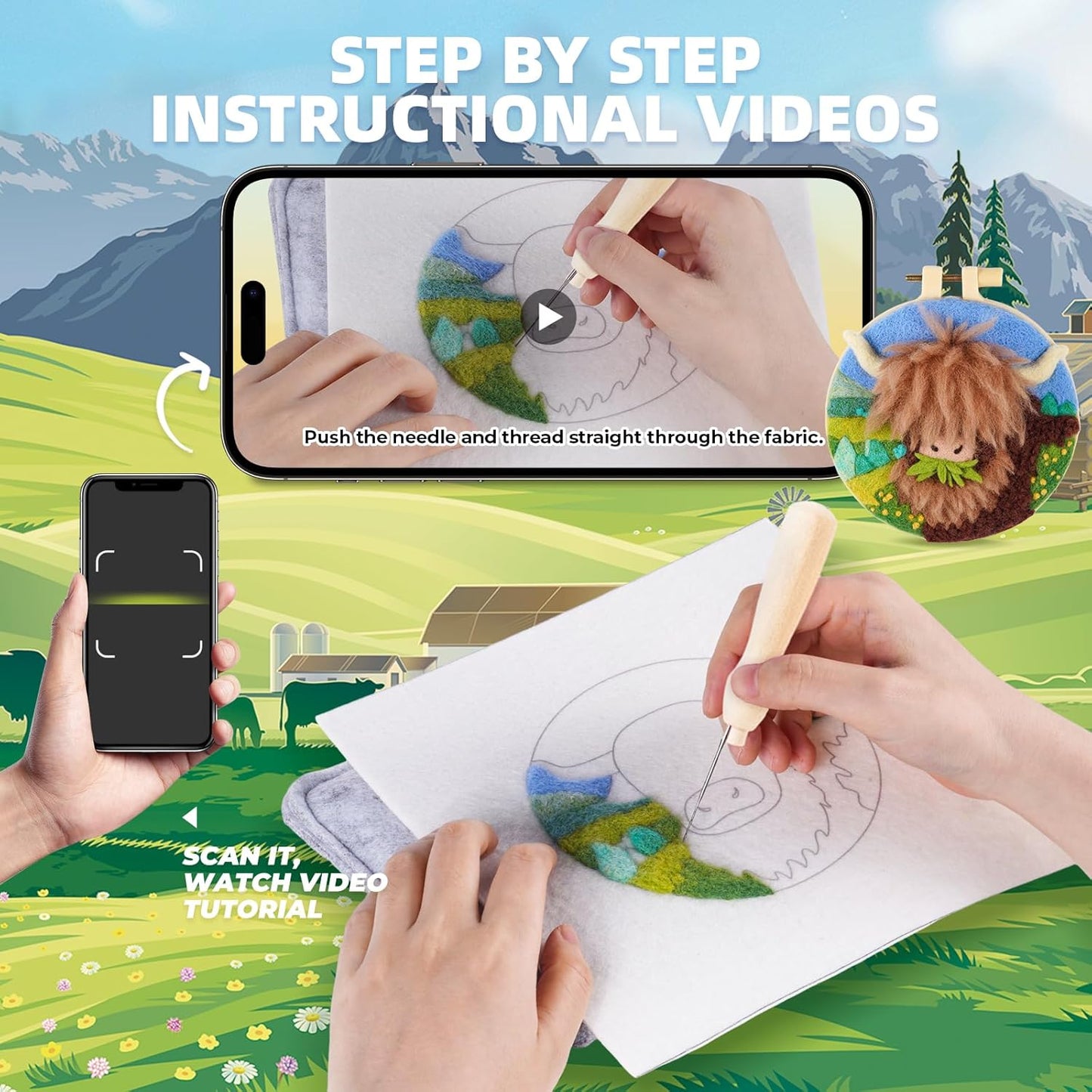 Needle Felting Kit,Embroidery kit for Beginners,Punch Needle Kits Adults Beginner,Punch Needle kit for Beginners, Includes All Tools and Materials,Easy to Follow Instructions and Videos(Highland Cow)