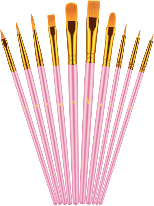Paint Brush Set, 10 Pcs Paint Brushes for Acrylic Painting, Round Pointed Tip Detail Small Paint Brush for Oil Watercolor Canvas Face Body Boards Rock, Kids Adult Drawing Arts Crafts Supplies, Pink