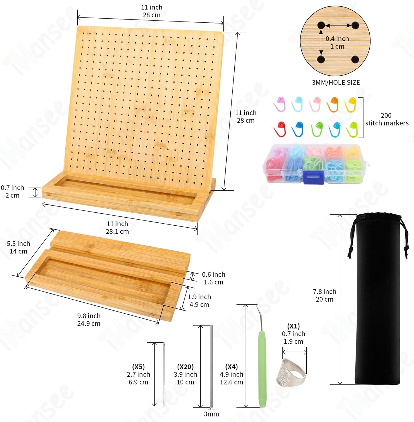 iHansee 11" Crochet Blocking Board with 20 Pegs, 200 Stitch Markers, Bamboo Granny Square Blocking Boards for Crochet Projects, Knitting Crocheting Accessories Kit, Gifts for Crocheters