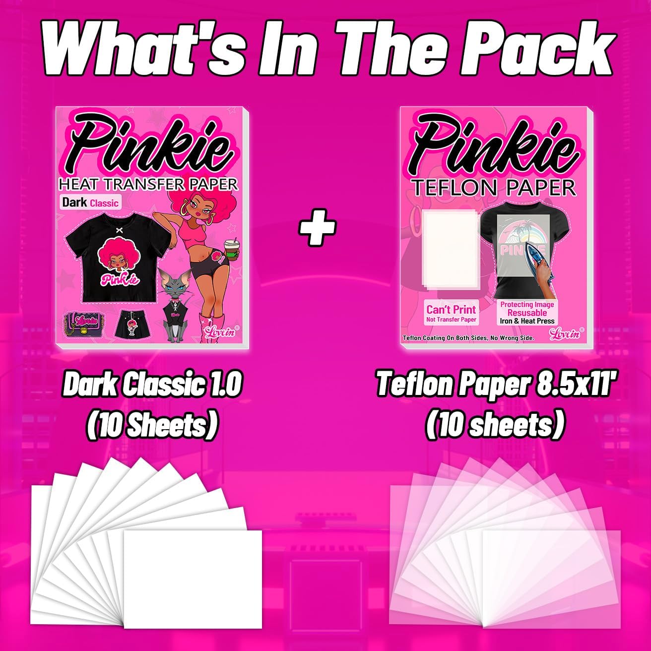 Lovein-Pinkie Heat Transfer Paper for Dark Fabric, Iron on Transfer Paper for Inkjet Printer & Teflon Sheets for Heat Press Machine (Mix Pack, 20 Sheets, 8.5x11'')