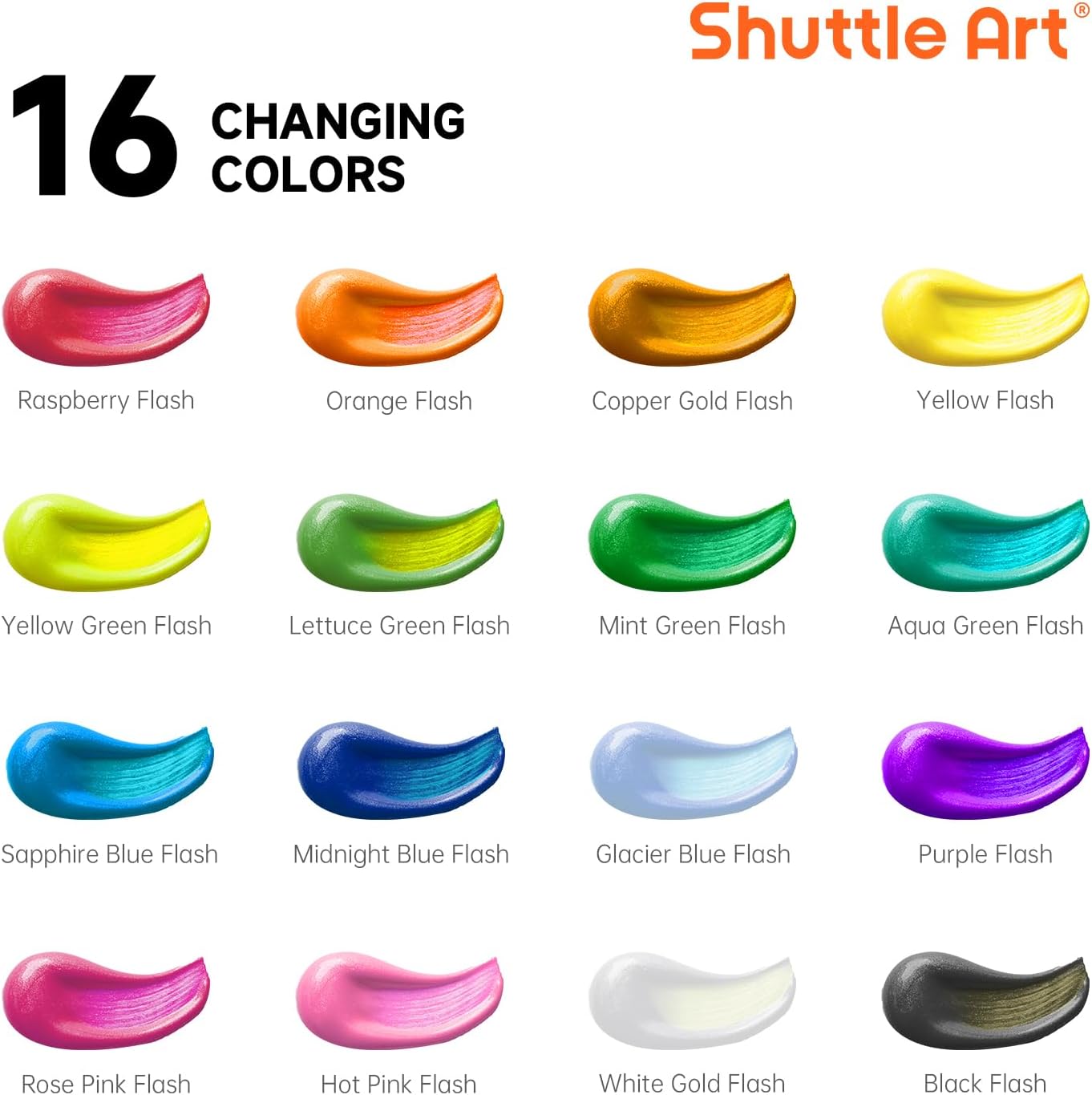 Shuttle Art Color Change Acrylic Paint Set, 16 Colors Chameleon Colors Acrylic Paint in Bottles (60ml/2oz), Non-Toxic for Artists, Beginners and Kids on Rocks, Crafts, Canvas, Wood, Fabric, Ceramic