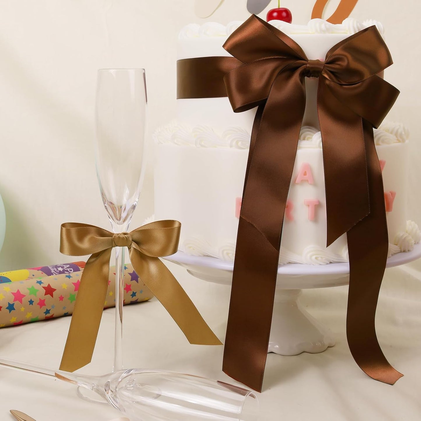 LaRibbons 1 1/2 Inch 50 Yard Double Faced Satin Ribbon,Pale Gold Satin Craft Fabric Ribbon for Gift Wrapping Floral Bouquets Wedding Party Decoration