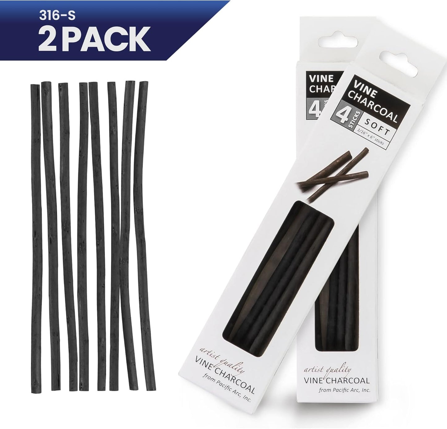 Pacific Arc 2 Pack Artist Vine Charcoal, Soft, Black 4 Charcoal Sticks for Drawing, Sketching, and Fine Art