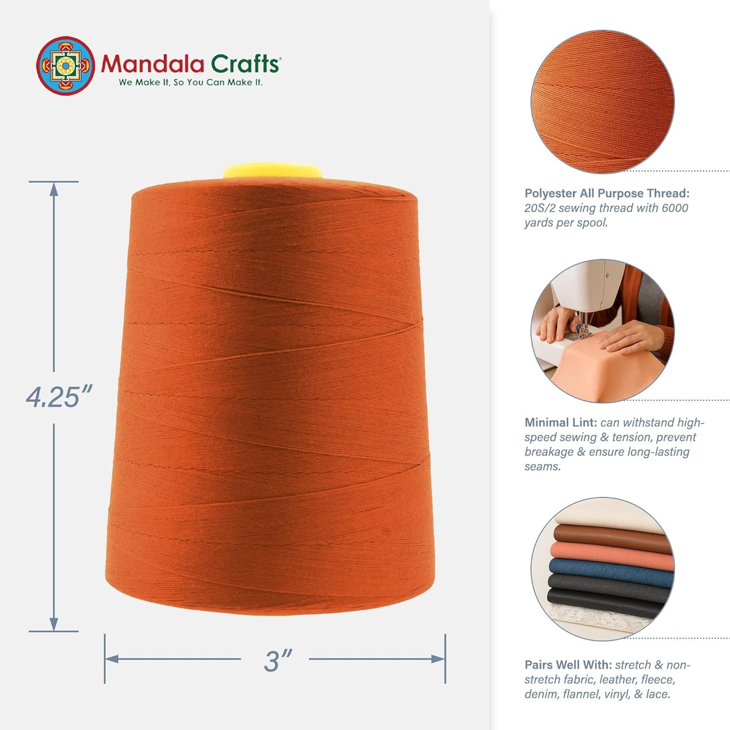Mandala Crafts 4 Pack of Serger Threads Cones Spools - 20S/2 24000 Yards Polyester Burnt Orange Threads for Sergers Machine and Overlock Quilting Sewing Machine