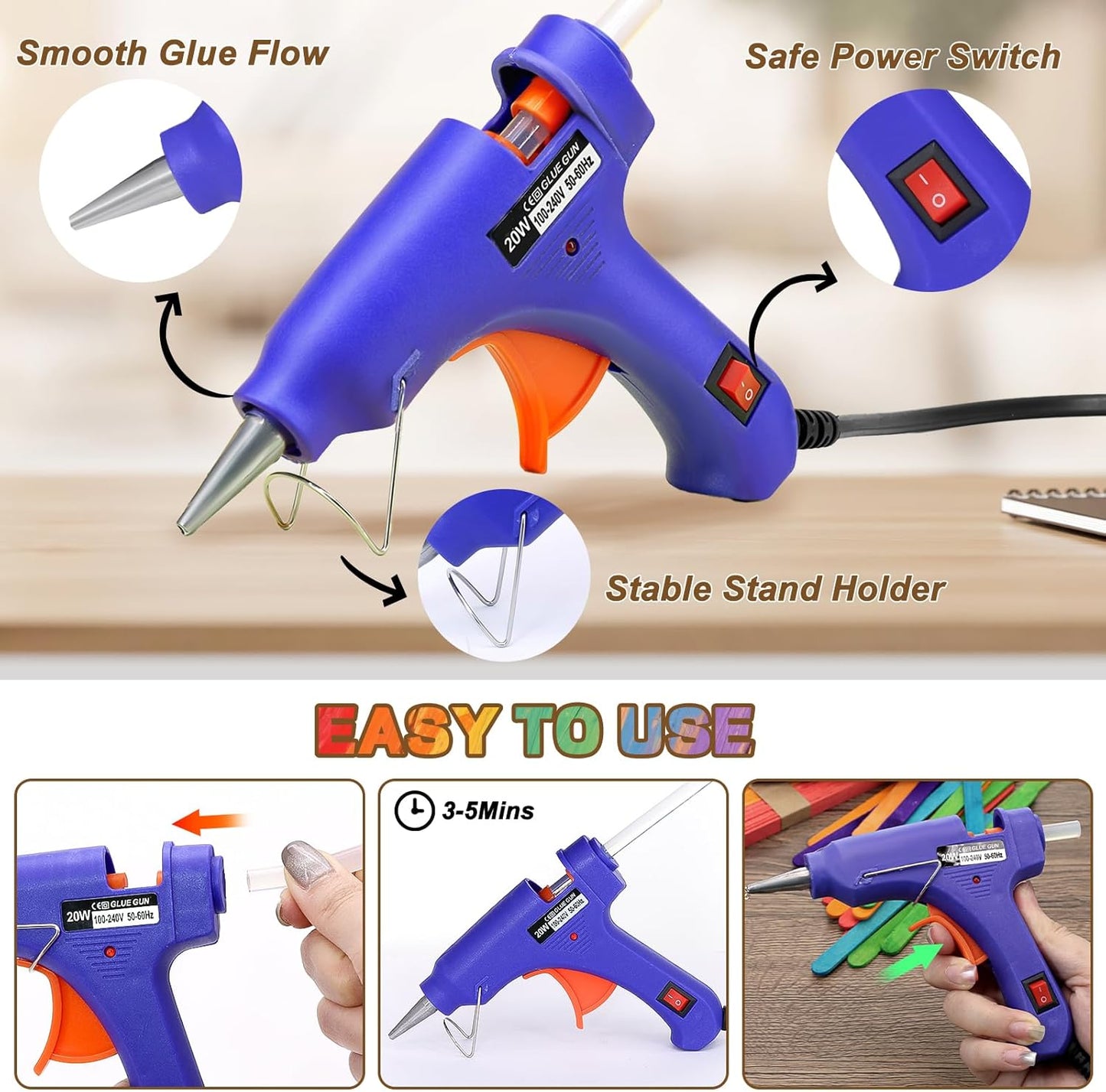 4.5 inch Colored Wooden Sticks Kits, 400PCS Colorful Rainbow Treat Sticks Bulk with Hot Glue Gun and Sticks for Craft Popsicle Home Decoration Project Building Model Kid Classroom Art Craft Supplies