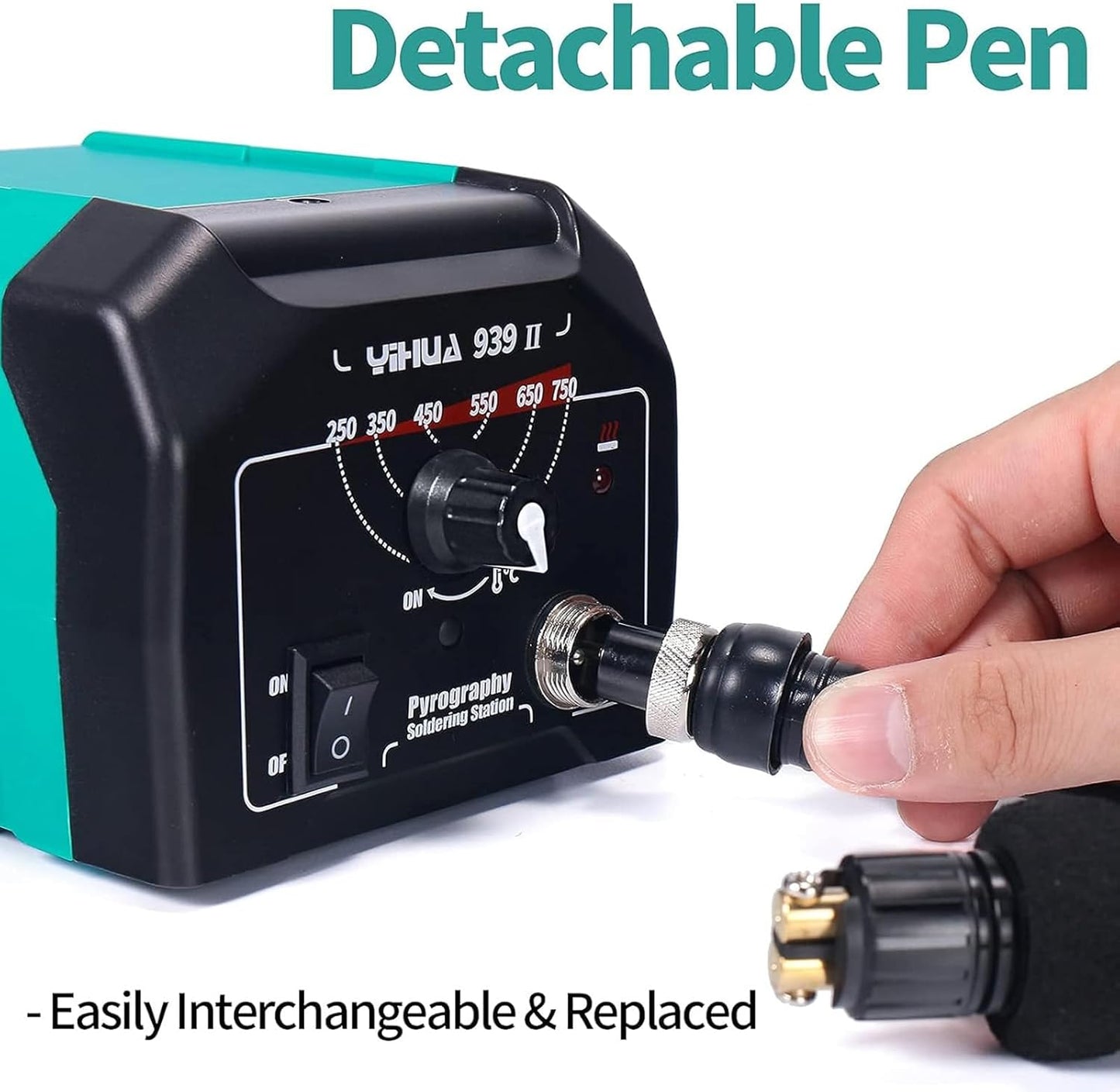 YIHUA 939-II Wood Burning Kit Station Pyrography pen 250~750℃/482~1382℉ Temperature Adjustable with 20 Wire Nibs, 1 stable pen holder, 2 stencils, 2 scrap wood, 1 S/S Tweezers, and 1 pliers (Green)