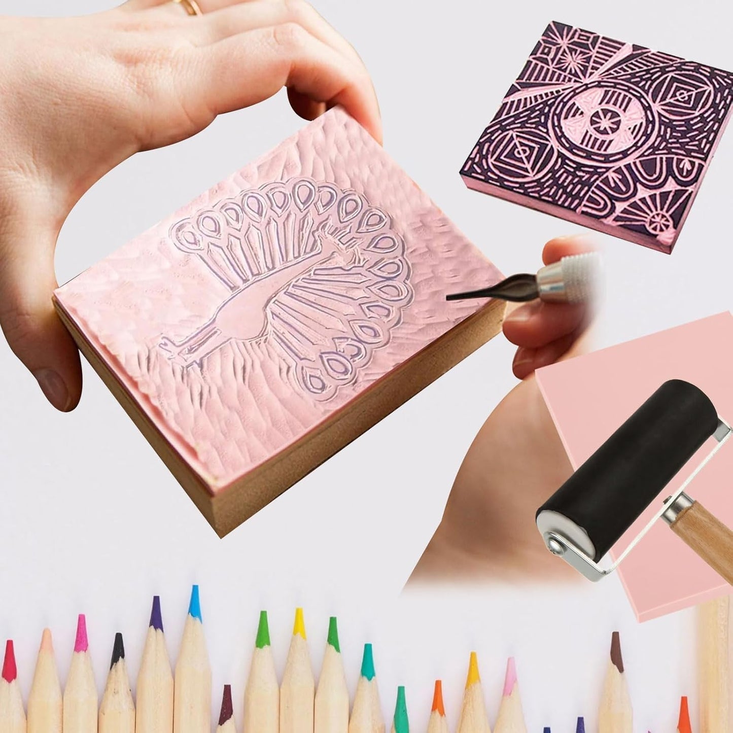 10 Pack Rubber Stamp Making Kit - Block Printing Kit，Linoleum Carving Tools with 8 Type Blades, 8 Pcs Pink Rubber Carving Block and Rubber Brayer Roller