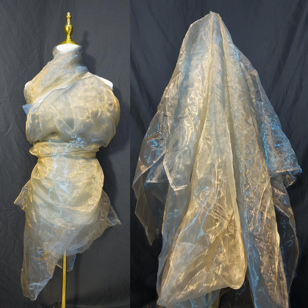 Two-Tone Iridescent Holographic Organza Fabric - 11 Yards by The Yard | Lightweight Sheer Tulle | for Wedding Dresses, Party Decor, DIY Crafts, Shiny Backdrops(Orange-Gold & Blue Sheen)