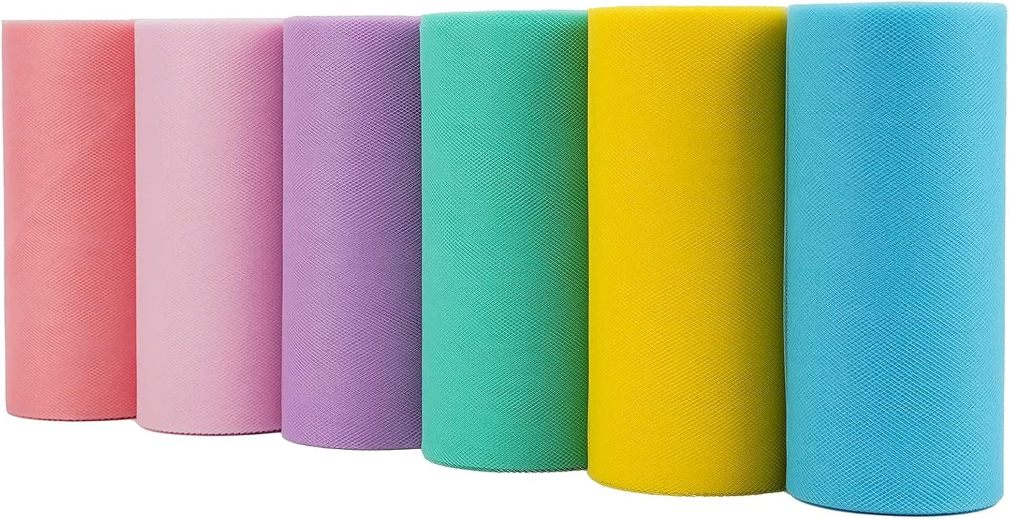 MEEDEE Pastel Tulle Ribbon 6 Rolls Tulle Fabric Spool Ribbon, 6 inch by 25 Yards/Spool, Perfect for Tutus DIY Wedding Table Skirt Rainbow Party Decorations Gift Wrapping